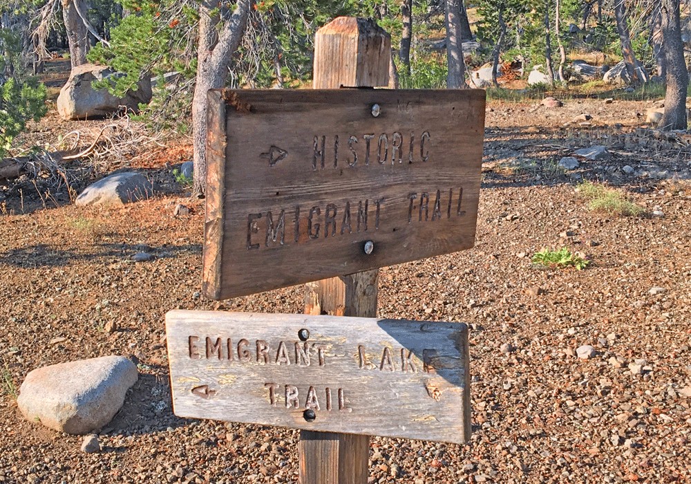 The Carson Emigrant National Recreation Trail forks off of the Emigrant Lake Trail and heads southwest.