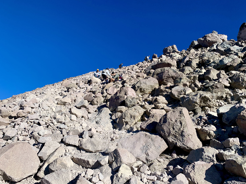 After leaving the look out point, the climb to Lassen Peak becomes rocky and is an unstable scramble over a 26 percent grade.