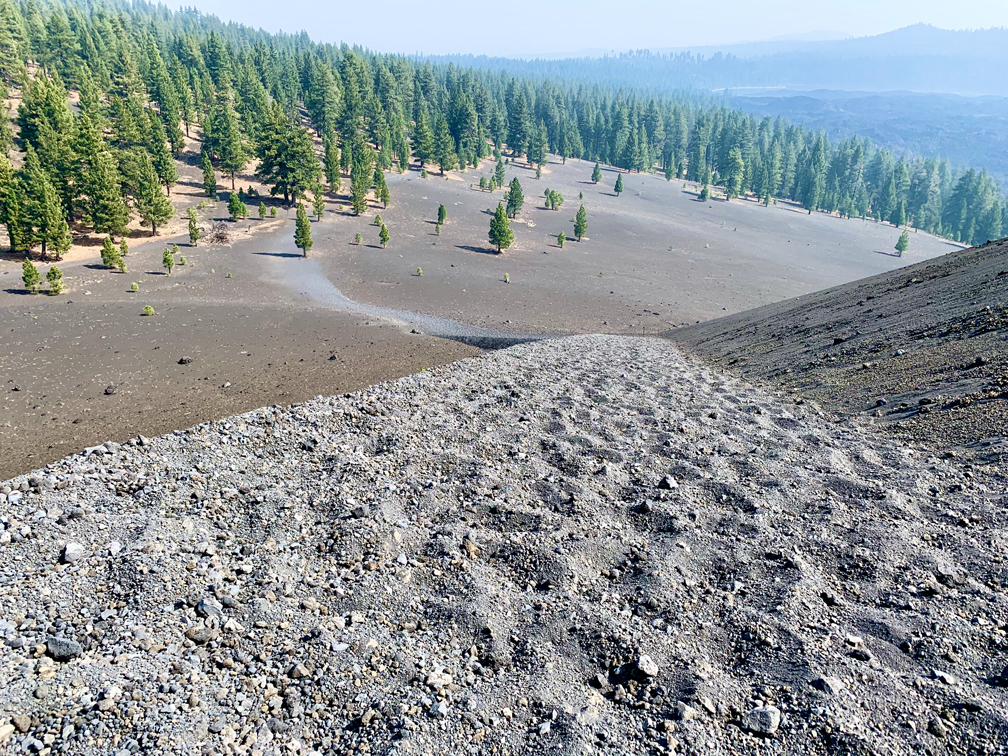 The climb up Cinder Cone is a 24 percent grade in lava ash.