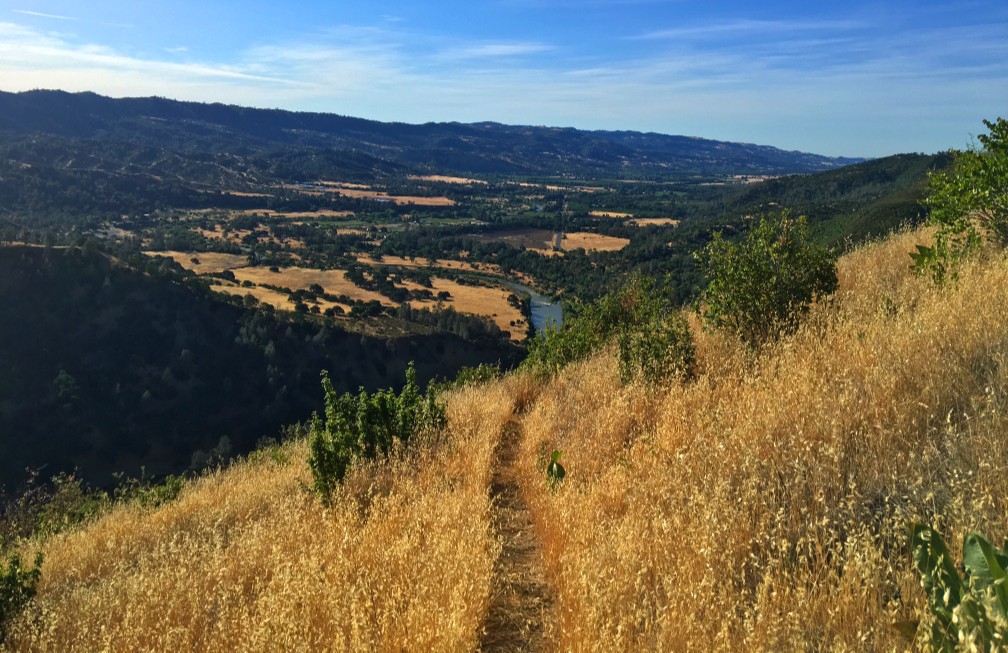 The view from Valley Vista Trail overlooks a northern portion of Capay Valley with Cache Creek running below it.