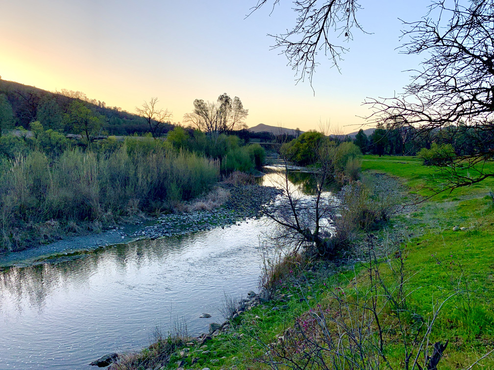 Cache Creek at sunset where the Redbud Trail ends near where the Judge Davis Trial begins.