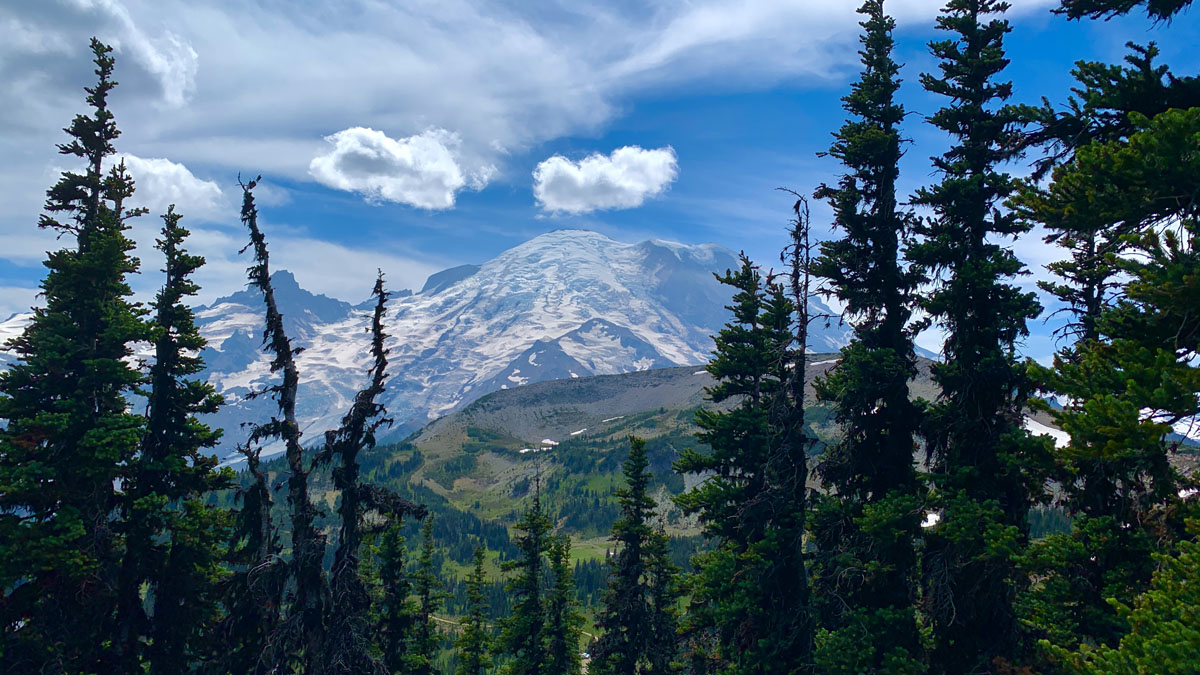 Mount Rainier in its magnificence from the trail to First Burroughs Mountain.