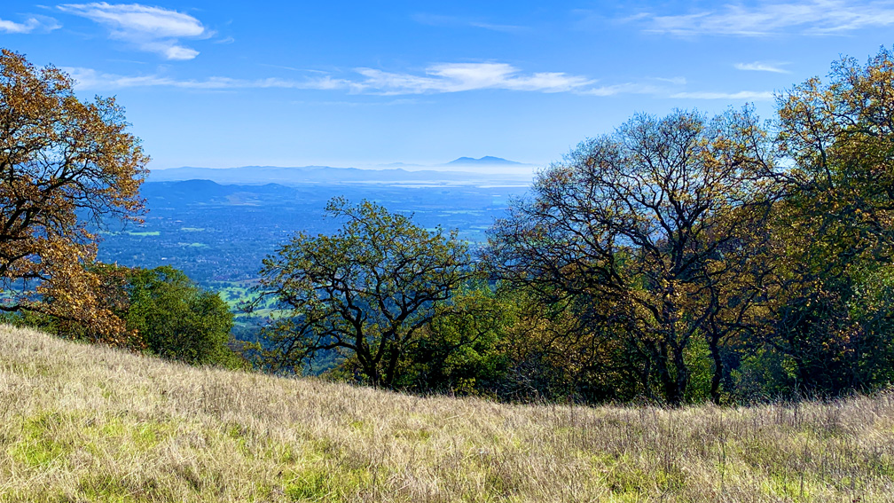 The view from the nearly the end of the Sonoma Mountain Ridge Trail looks into the distance to Mount Diablo.