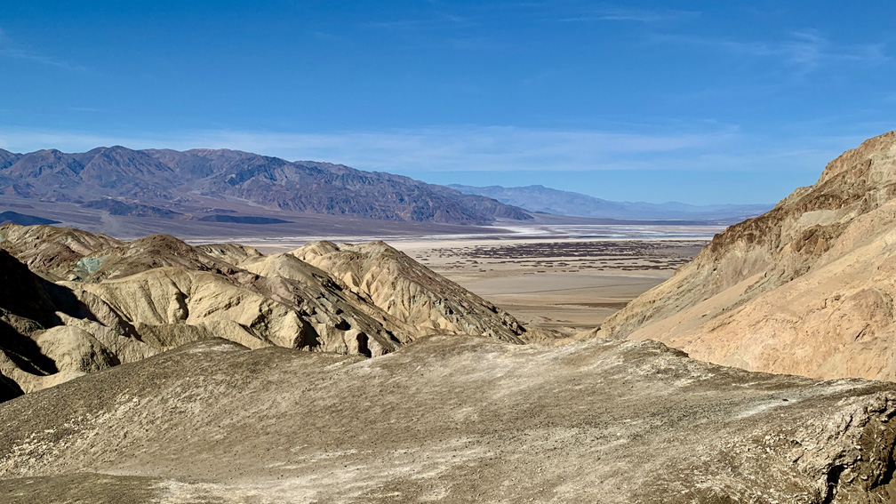 From the high point of the Desolation Canyon Trail at Death Valley National Park, you can see the Panamint Mountain Range, Telescope Peak, portions of Cottonball Basin, Middle Basin and Badwater Basin. 