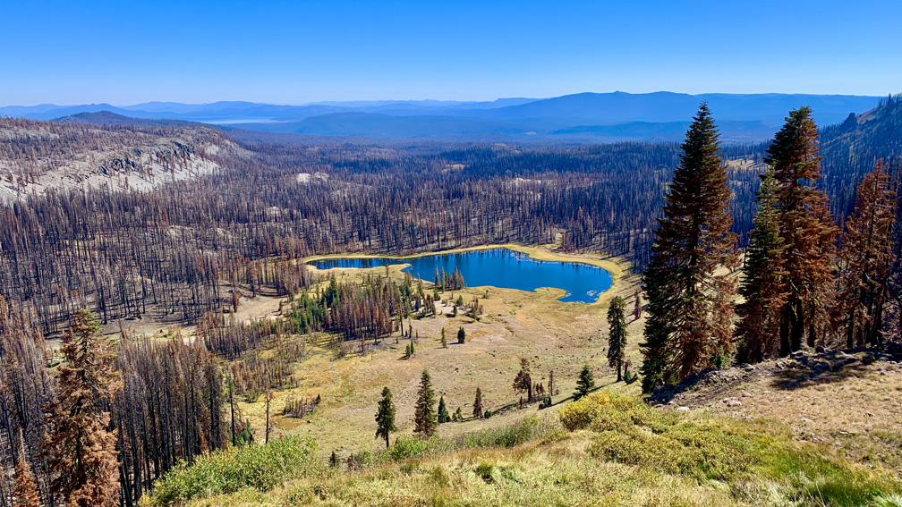 Burned out forest sits behind Crumbaugh Lake at Lassen Volcanic National Park.