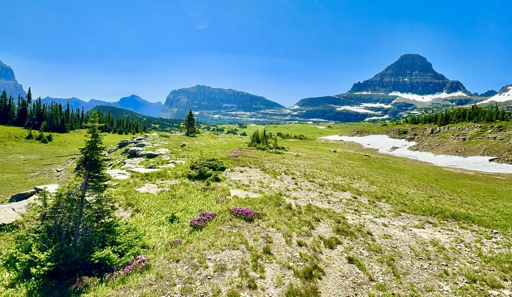 Mountains appear on the horizon behind open areas on the trail to Hidden Lake in Glacier National Park.
