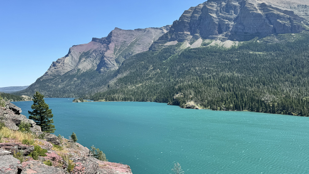St. Mary Lake with mountains in the background.